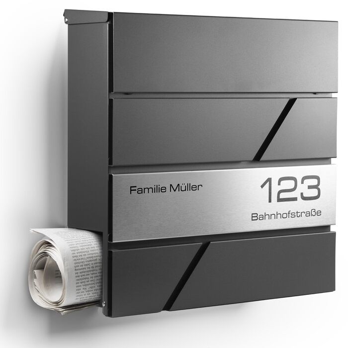Сучасна поштова скринька антрацит з газетницею та гравіюванням: індивідуальне виготовлення з нержавіючої сталі, номер будинку та табличка з іменем. Стійка до іржі та УФ-випромінювання, з монтажним комплектом.