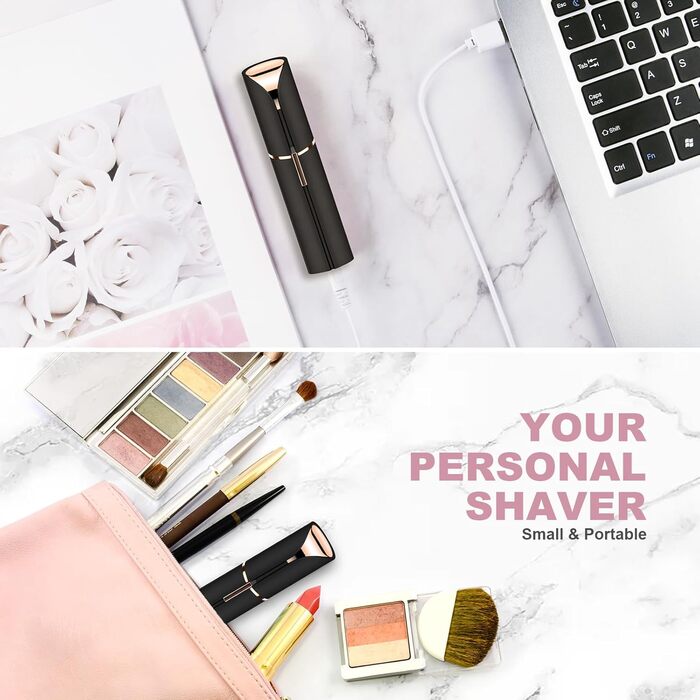 Електричний пристрій для видалення волосся з обличчя URAQT для жінок, USB, безболісний, тример для тіла та обличчя, LED-підсвічування, рожеве золото (чорний)