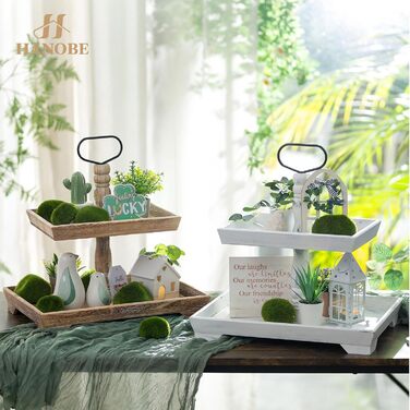 Hanobe Decorative Table Tray Shelving Wood: Brown Wooden Tray Large Rectangular with 2 Tiers Farmhouse Decorative Tray Vintage Shabby Serving Trays for Home Coffee Corner Bathroom