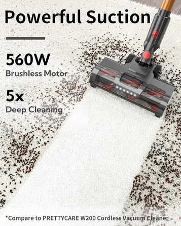 PRETTYCARE акумуляторний пилосос 45KPA/560Вт, бездротовий, супертихий з LED-дисплеєм і антизаплутувальною щіткою, 60 хвилин роботи, вертикальний пилосос для шерсті тварин, килимів і твердих підлог V3