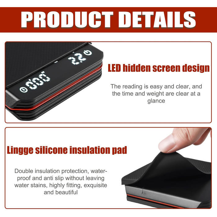 Еспресо вага з таймером, 3 режими, USB, цифрова міні вага для кави з LED-дисплеєм, таймер, 0.1г, висока точність, для фільтр-кави, приготування їжі, випічки, точна вага (чорний)