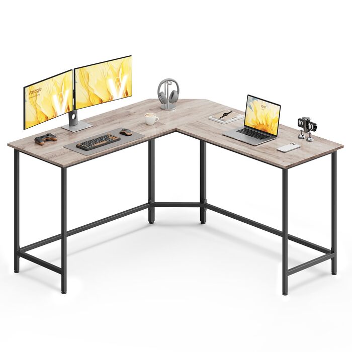Кутовий письмовий стіл VASAGLE L-подібний комп'ютерний стіл, 140 x 140 x 74,7 см (колір: сіро-бежевий + чорний)