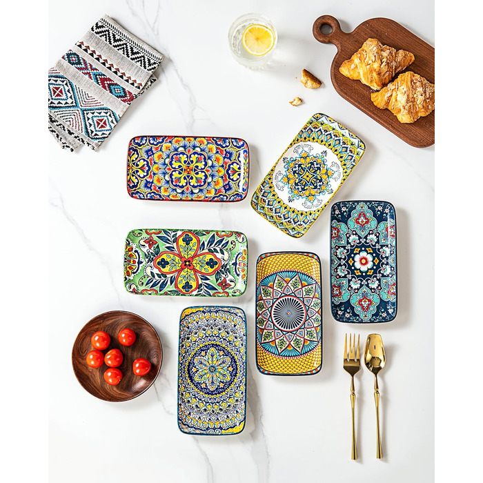 Сервіровочні тарілки HENXFEN з порцеляни, 25.4 см, набір прямокутних тарілок, 25.4 x 17.8 см, для салату, закусок, сашімі, богемний квітковий дизайн у 6 яскравих кольорах (прямокутна тарілка 20.3 см)