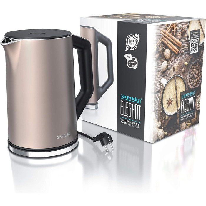 Arendo - Stainless Steel Kettle with Temperature Setting 40-100 Degrees in 5 Degree Increments - Double-Walled Design - Model ELEGANT - 1.5 Liter - 2200 W - Tea Kettle with Temperature Display - GS - Black (E: Bronzo)