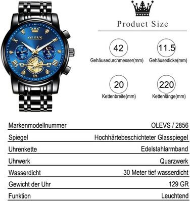 Годинник чоловічий OLEVS з металевим браслетом, кварцовий, з місячною фазою, хронограф, водостійкий, з нержавіючої сталі (2856 Blue / Black)