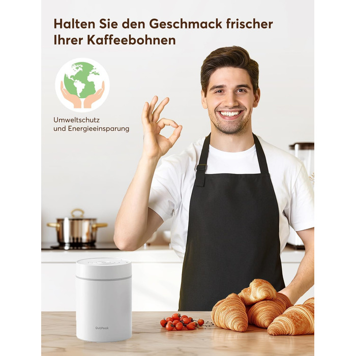 OUTPEAK 2025 Kilo Auto Вакуумна кавова банка 1,8L для 601.0 г кавових зерен з одним натисканням кнопки, нержавіючий контейнер з ложкою, свіжість на 6 місяців (Barista Champion's Choice) (1.8L-S/Steel-Pearl White)