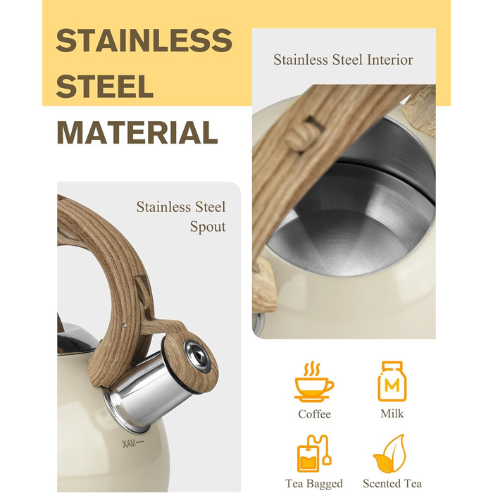 Чайник Teekessel 2.1 л з плитою, чайник з нержавіючої сталі з дерев'ястим декором, складаний ручка, для всіх типів плит (білий)