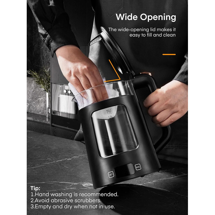 Electric Kettle with Temperature Control - 1.7L Glass Kettle with Keep Warm Function, 2200W Fast Boil, Auto Shut-Off & Dry Boil Protection, 5 Color LED Lights - Black