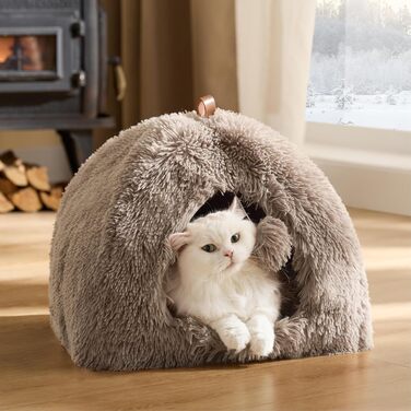 Кігтечка для котів BEDSURE велика, 44x44x44 см, з плюшевим будиночком, знімним килимком та іграшкою, для дому, (40x40x40 см, верблюжий)