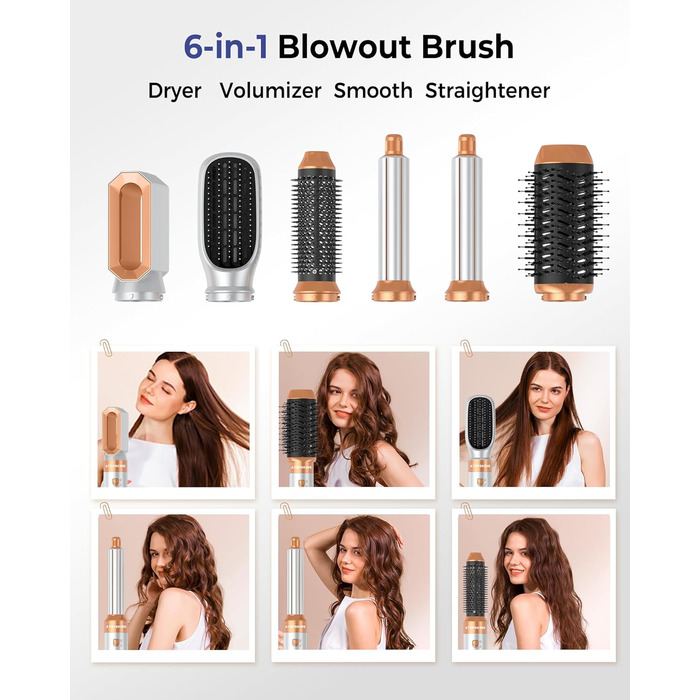 Atopskins Фен-щітка 6 в 1: стайлер для волосся, фен, щипці для завивки, випрямляч, об'єм, локони