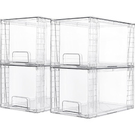 Vtopmart 4 Pack Stackable Storage Drawers, Clear Acrylic Drawer Organizers with Handles, Storage Organizer for Refrigerator, Bathroom, Closet, Pantry (4 Pack Middle)