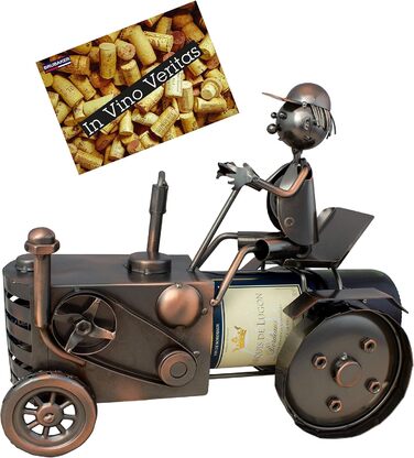 BRUBAKER Tractor Wine Bottle Holder with Tractor Driver - Decorative Object, Metal Bottle Stand with Greeting Card for Wine Gifts