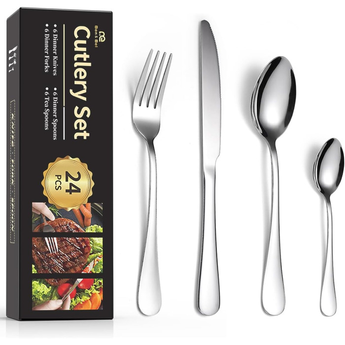 Набір столових приборів Ben & Bel на 24 штуки (6 осіб) з нержавіючої сталі: ніж, виделка, ложка. Подарункова коробка, легко миється, підходить для миття в посудомийній машині.
