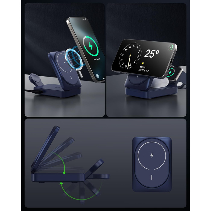 3-в-1 Бездротовий зарядний пристрій з MagSafe, Qi2, для iPhone 16/15/14/13/12, Apple Watch, AirPods, білий (блакитний)