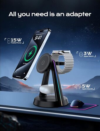Бездротова зарядна станція 3-в-1 MagSafe OneCut з RGB підсвіткою 15W для iPhone 16/15/14/13/12 Pro Max/Plus, Apple Watch Ultra/8/7/6/SE та AirPods Pro/3/2