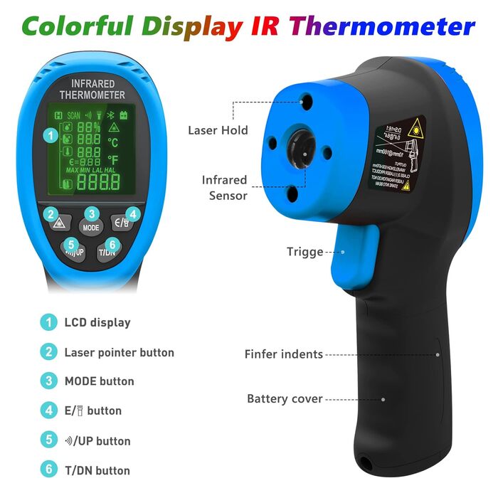Інфрачервоний термометр 985E -50°C до 800°C з лазером, подвійний лазер, регульована емісійність, 20 комірок пам'яті, безконтактний для промисловості, піци, кухні (12 годин роботи від акумулятора) LC-985E