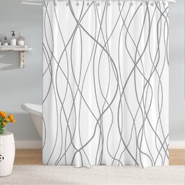 Шторка для душу M&W Design з поліестеру, з лініями, антигрибкова, водовідштовхувальна, біла, 180x200 см, з 12 C-кільцями, з обтяженим краєм