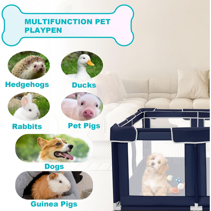 Клітка для собак шестигранна, 114 см, м'яка клітка для цуценят з тканини 600D Oxford, стабільна конструкція з товстих нержавіючих труб, 65,6 см висоти, клітка для маленьких та середніх собак (127 см, без верху, кобальтово-синій)