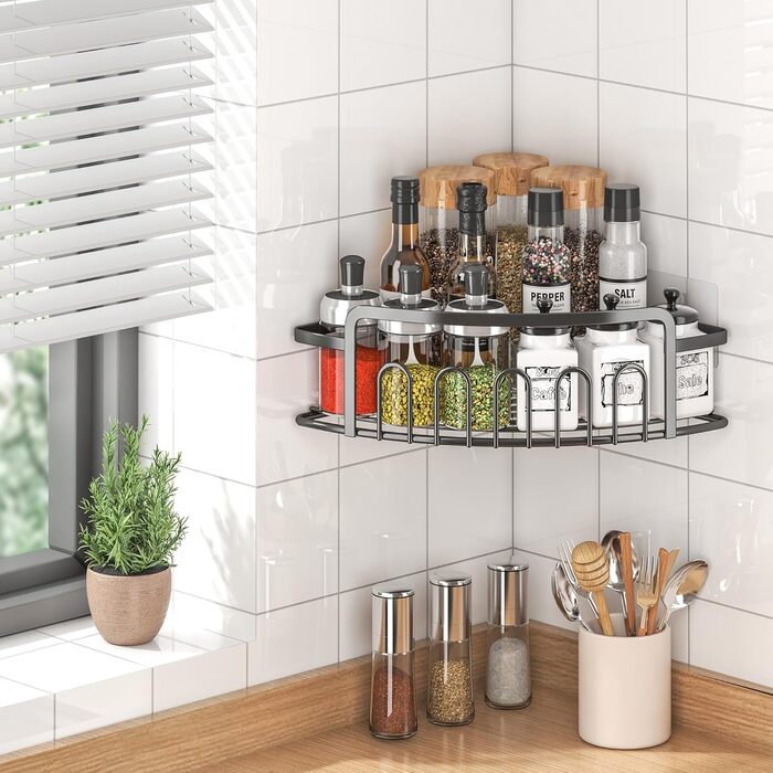 ACMETOP Shower Shelf No Drilling 2-Pack, SUS304 Stainless Steel Bathroom Organizer Corner Shelf, Bathroom Shelf with 10 Hooks and 6 Adhesives, Shower Shelf, Shower Basket for Bathroom Kitchen (Black)