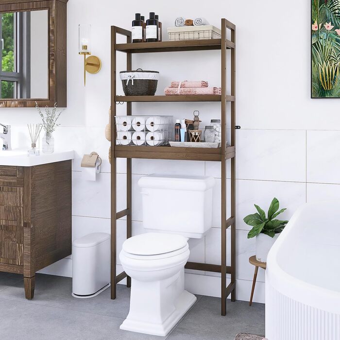 SMIBUY Toilet Shelf, Bamboo Toilet Rack, Adjustable Washing Machine Shelf, Bathroom Shelf with 3 Storage Shelves, Space-Saving, Easy to Assemble (Walnut)