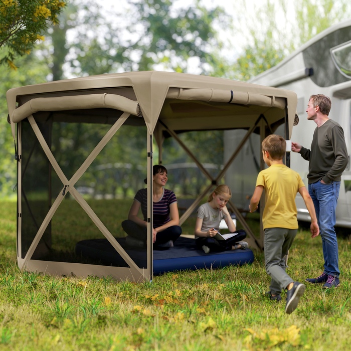 Outsunny Hexagonal Gazebo approx. 3.5x3m Pop-up Folding Gazebo with Removable Roof UV 30+ Foldable Waterproof Party Tent Garden Tent with 5 Side Panels Garden Gazebo for Camping Garden Festival, Khaki | Aosom