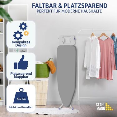 Відпарювальна дошка STAHLMANN® 114x34 см сірого кольору з неслизькими ніжками – міцна та стабільна – Made in EU