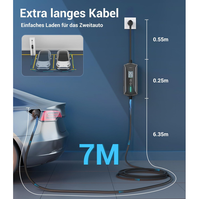 Кабель для зарядки електромобілів Schuko 3,7kW, 7м, 6-16A, 1-фазний, IP65, з LCD-дисплеєм, регульована потужність, таймер, для електромобілів та PHEV
