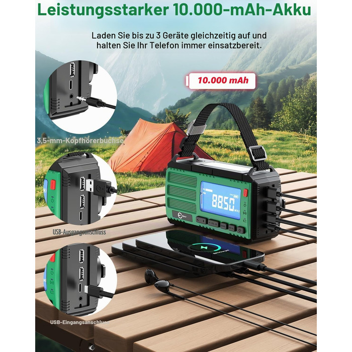 Радіоприймач Esky Kurbelradio з сонячною батареєю, 10000mAh, AM/FM, USB-зарядка, LED-ліхтарик, SOS-сигнал, компас, портативне для кемпінгу та надзвичайних ситуацій, зелений