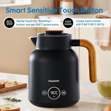 Електричний чайник з регулюванням температури DmofwHi, 1.0л, 1000W, з LED-індикатором, подвійні стінки, без BPA, автоматичне вимкнення та захист від сухого кип'яття (чорний)