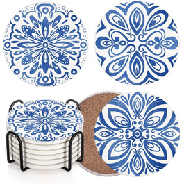 Set of 6 Drink Coasters, Geometric Tribal Boho Blue Red Absorbent Round Ceramic Stone Mat with Cork Bottom and Metal Holder, Housewarming Gift for Bar Decor (Ethnic Boho)
