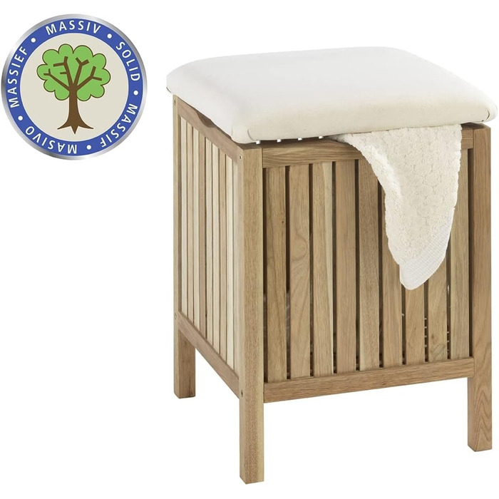 WENKO Badhocker Norway with Laundry Hamper, Storage Bench with Upholstered and Flip-Up Seat as Lid, Solid Walnut Wood, Oiled, Capacity 65 L, (W x H x D): 39 x 52 x 39 cm, Natural