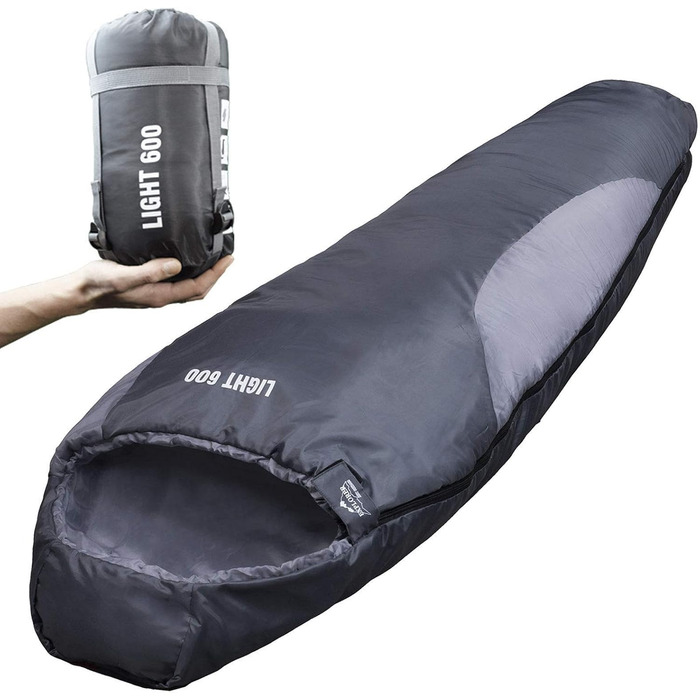 Сплячий мішок Explorer Light 600 - ультралегкий, 210x75x50 см, для кемпінгу та трекінгу, -2°C до +14°C, сірий/світло-сірий