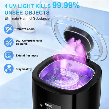 Ультразвукова очищувач 50 кГц, 230 мл, акумулятор 2000 mAh, з УФ-лампою, для зубних щіток, протезів, ювелірних виробів (чорний)