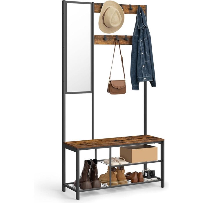 VASAGLE Coat Rack, Coat Stand with Hooks, Clothes Rack with Mirror, Shoe Bench and Shelves, 36 x 98 x 185 cm, for Entryway, Bedroom, Living Room, vintage brown-black HSRAM050B01