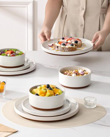 Набір посуду MALACASA з каменю (18 предметів) для 6 осіб, керамічний сервіз з глазур'ю 'сезам', білий з коричневим дном, набір тарілок та мисок