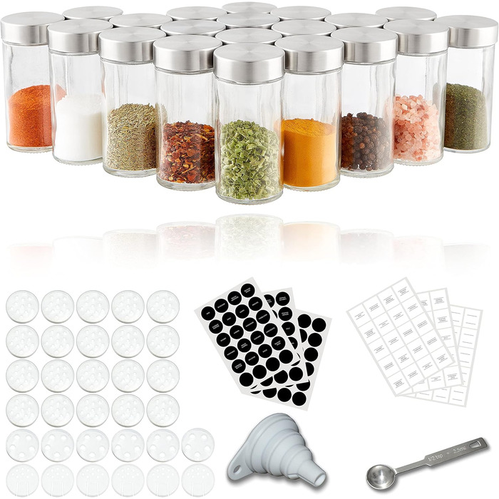 Kesign 20-Piece Spice Jar Set - with high-quality stainless steel lids - round spice containers incl. labels, shaker insert, funnel, and stainless steel spoon for spices - Perfect storage for the kitchen