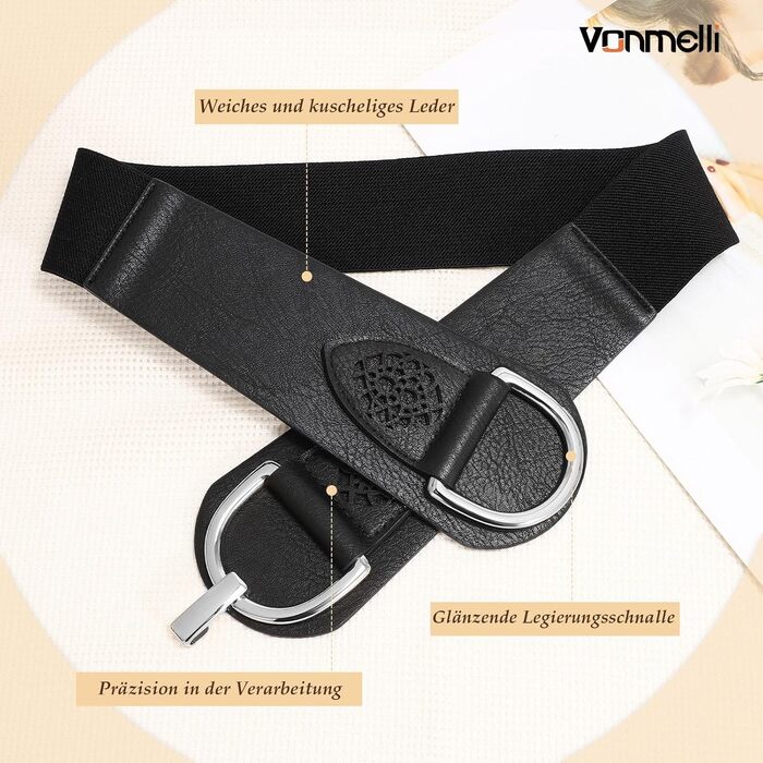 Жіночий ремінь VONMELLI Vintage з широкою талією та товстою пряжкою, еластичний, для суконь та пальто (B-чорний, M: обхват талії 84-94 см)