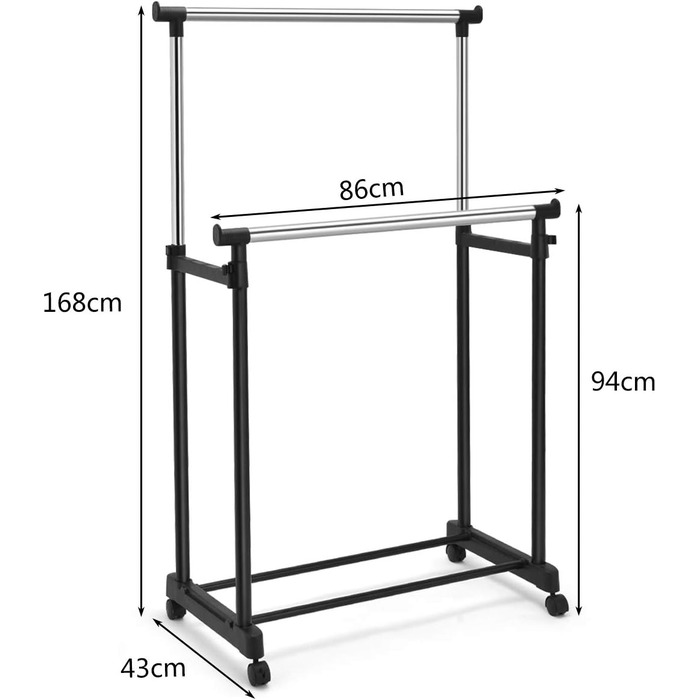 COSTWAY Clothes Rack with 2 Height-Adjustable Clothes Rods, Coat Rack on Wheels, Rolling Wardrobe, Clothes Cart, Stable Clothes Rack, 86 x 43 x 94-168cm, Black
