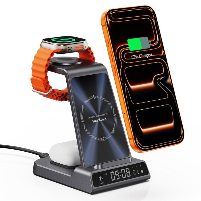 Бездротова зарядна станція 3-в-1 для Apple iPhone 16/15/14/13/12 Pro/Plus, Apple Watch Ultra 2/9/8/7/6/5, AirPods Pro/4/3/2 Tech-Grau