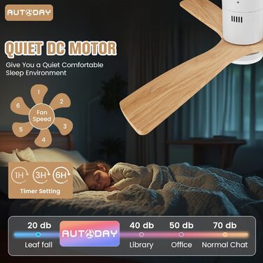Стеляний вентилятор Holz з підсвічуванням, регулюванням яскравості LED 24W, тихий DC-двигун 38W, діаметр 132 см, з пультом дистанційного керування та таймером, 6 швидкостей, дерев'яний дизайн