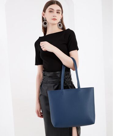 Жіноча сумка-шопер Tote Bag з PU шкіри для роботи, школи, покупок, темно-синя з блискавкою та внутрішніми кишенями