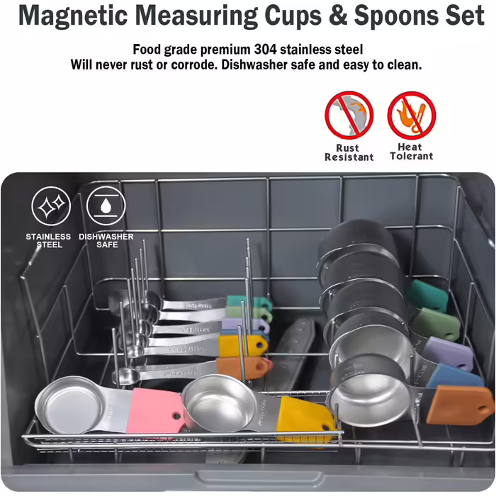 EDELIN Magnetic Measuring Cup and Spoon Set, Stainless Steel, 7 Cups and 6 Spoons with 1 Leveler, 18/8 304 Stainless Steel (Multicolor, 14 Sets)