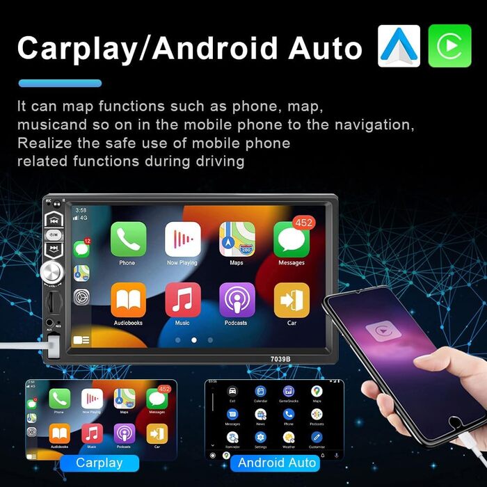 Автомагнітола SIXWIN 1 DIN з 7'' сенсорним екраном, Apple CarPlay, Android Auto, Bluetooth, FM, USB/AUX/TF, з камерою заднього виду, мікрофоном та пультом