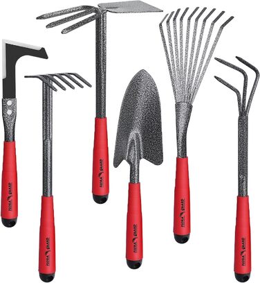 FLORA GUARD Garden Tools, 6-Piece Garden Tool Set Including Weeder, Garden Shovel, Hand Rake, Hand Hoe, Brush Rake, Cultivator, Garden Hand Tools with Heads Made of Carbon Steel