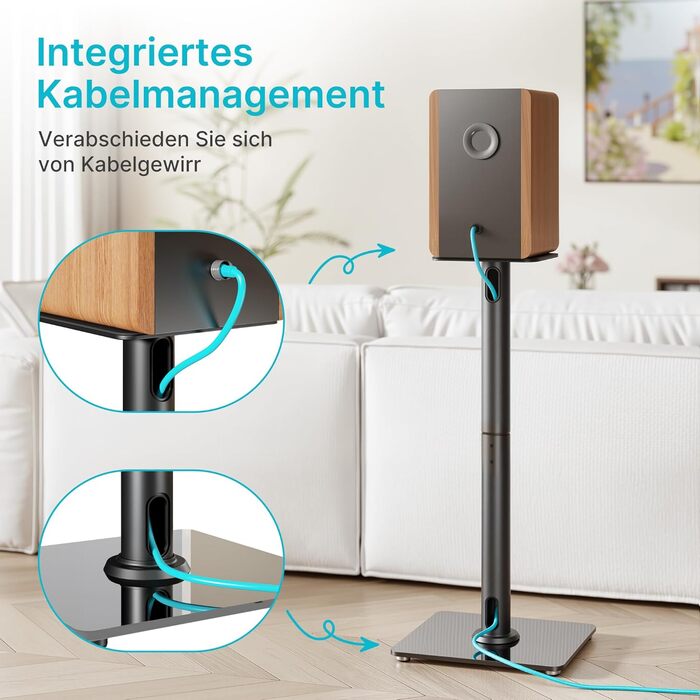 Підставка для акустики саундбару, універсальна, чорна, 76.5 см, 25 кг, з кабелеуправлінням та скляною основою (1 шт.)