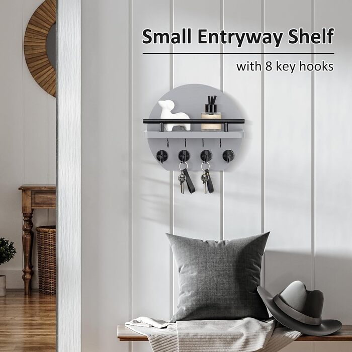 Настінна вішалка для ключів Nekon з полицею та 8 гачками, 24.8 см, сірий колір, декор для дому