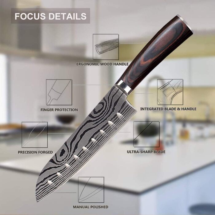 Японський ніж Joyspot Santoku 7 дюймів, професійний ніж для кухні, з нержавіючої сталі, гостра леза, ергономічна ручка