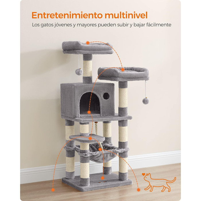 Дерево для дряпання Feandrea, 112 см, багатоповерхове, з 11 стовпчиками для дряпання, 2 платформами, будиночком та гамаком, 2 іграшками, сірий, PCT215W01