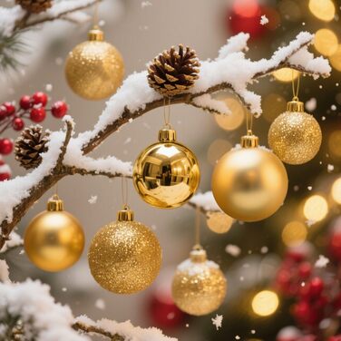 Набір прикрас для ялинки 101 шт. Кульоні з пластику, рожеве золото, матові, блискучі, з шишками та стрічками для декору ялинки, святкування, дому (золотий)