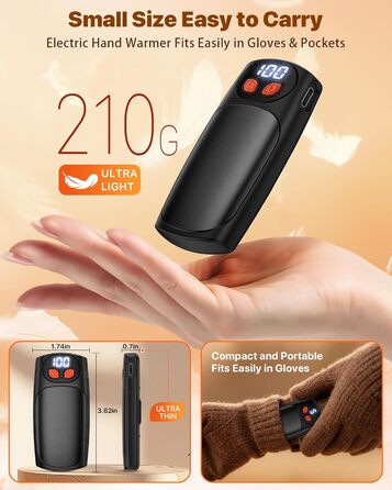Електричні грілки для рук 2 шт. з LED-дисплеєм та 5 рівнями нагріву, USB-C, ідеальні для гольфу, кемпінгу, походів, зимових видів спорту, чорні